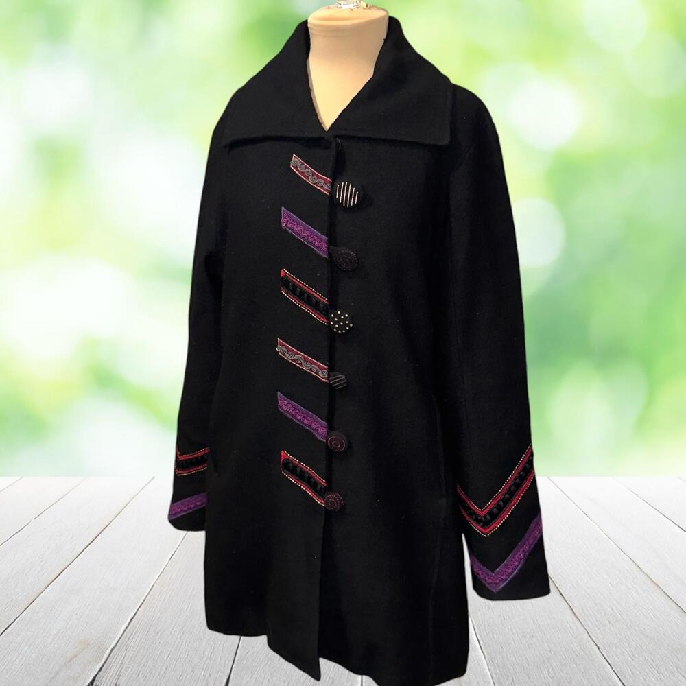 Vintage Y2K CARSON Wool Coat Embroidered Ribbon Trim Artwear Boho Lined Size M